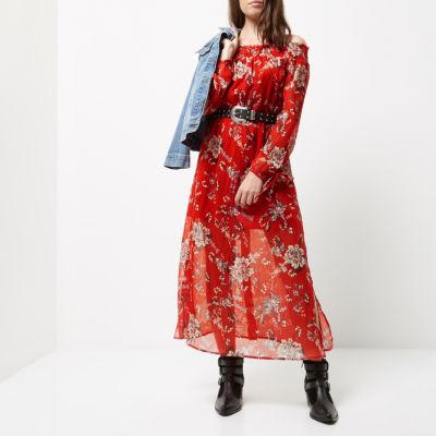Petite red floral print bardot maxi dress
